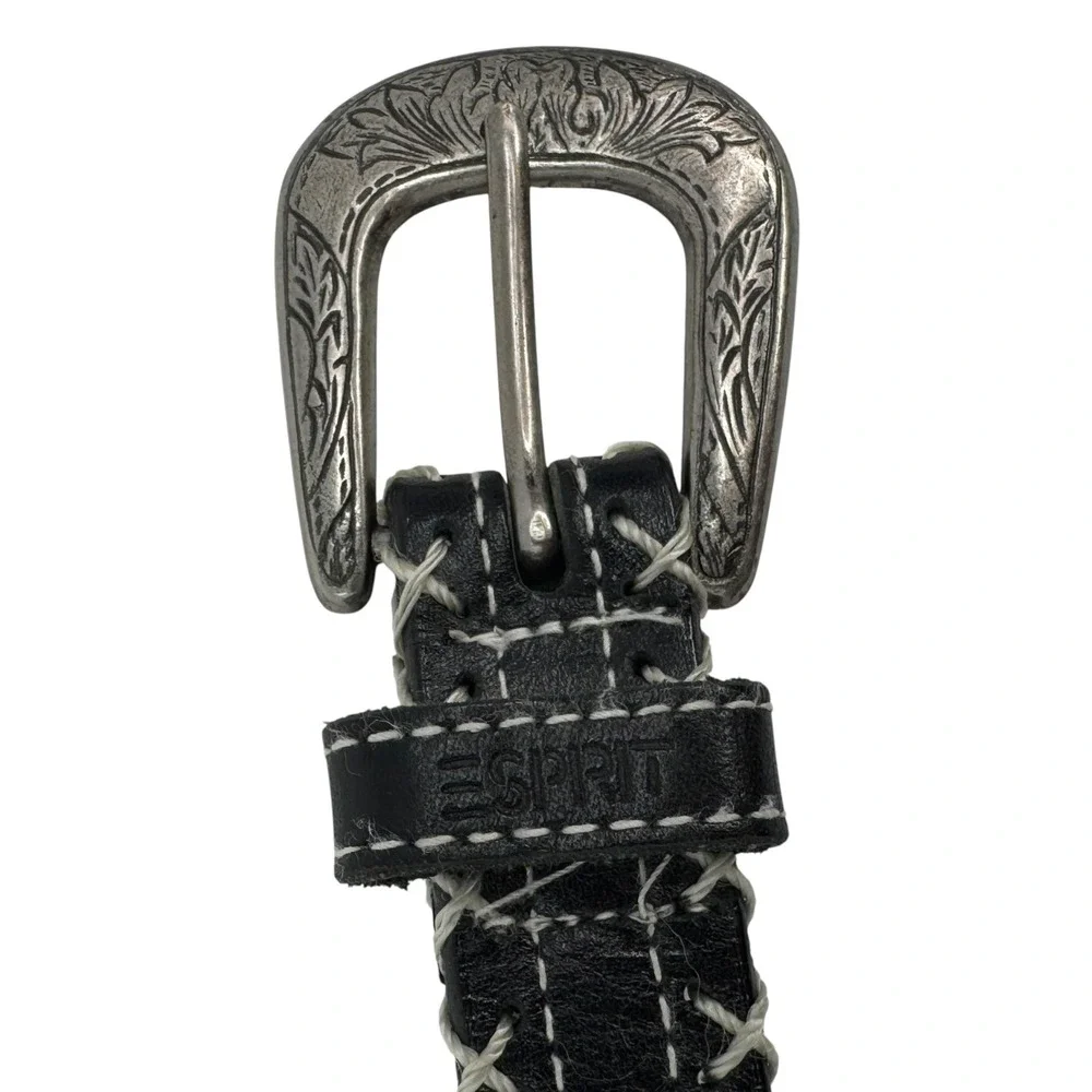 Vintage Y2K Esprit Leather Belt Black Contrast Stitch Women's Western‎ Size L